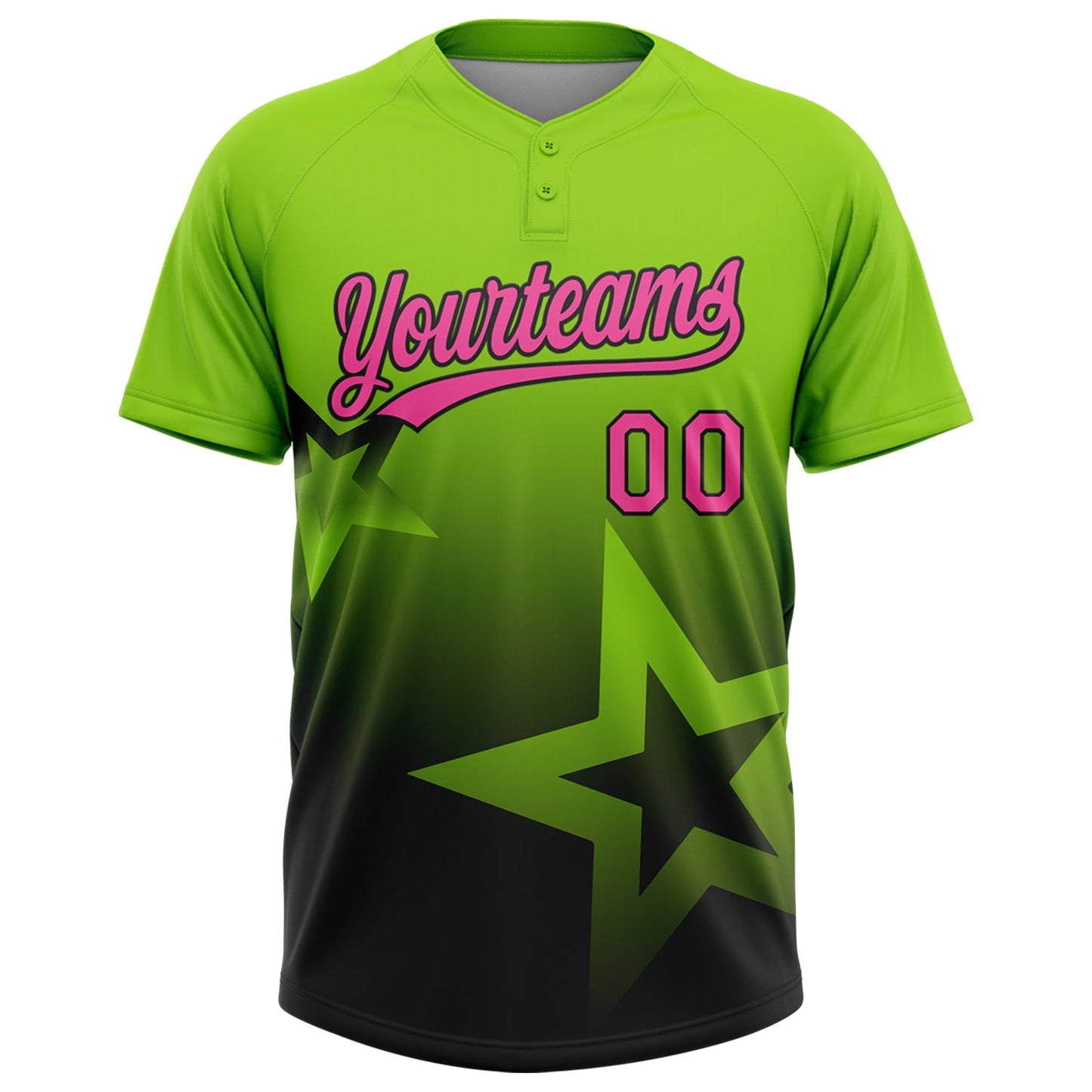 Custom Neon Green Pink-Black Gradient Style Twinkle Star Two-Button Unisex Softball Jersey view 2