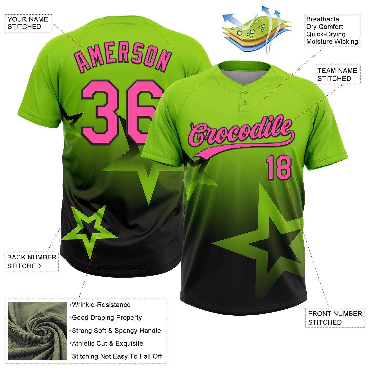 Custom Neon Green Pink-Black Gradient Style Twinkle Star Two-Button Unisex Softball Jersey view 3