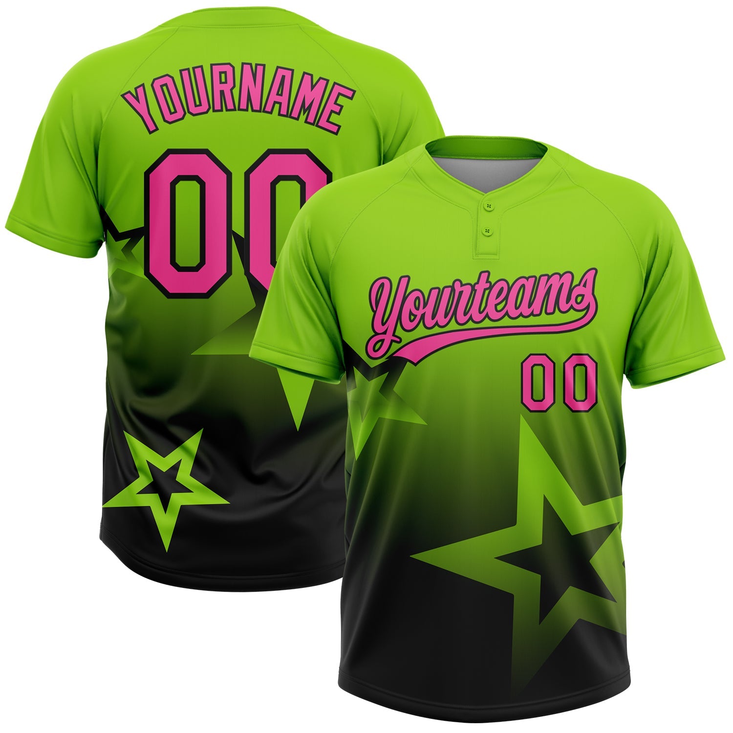 Custom Neon Green Pink-Black Gradient Style Twinkle Star Two-Button Unisex Softball Jersey - Main View