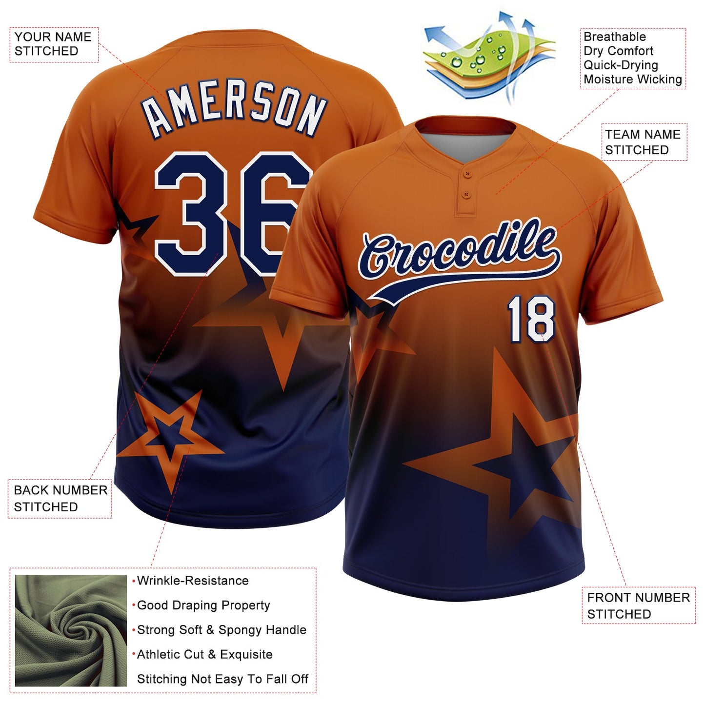 Custom Texas Orange Navy-White Gradient Style Twinkle Star Two-Button Unisex Softball Jersey view 3