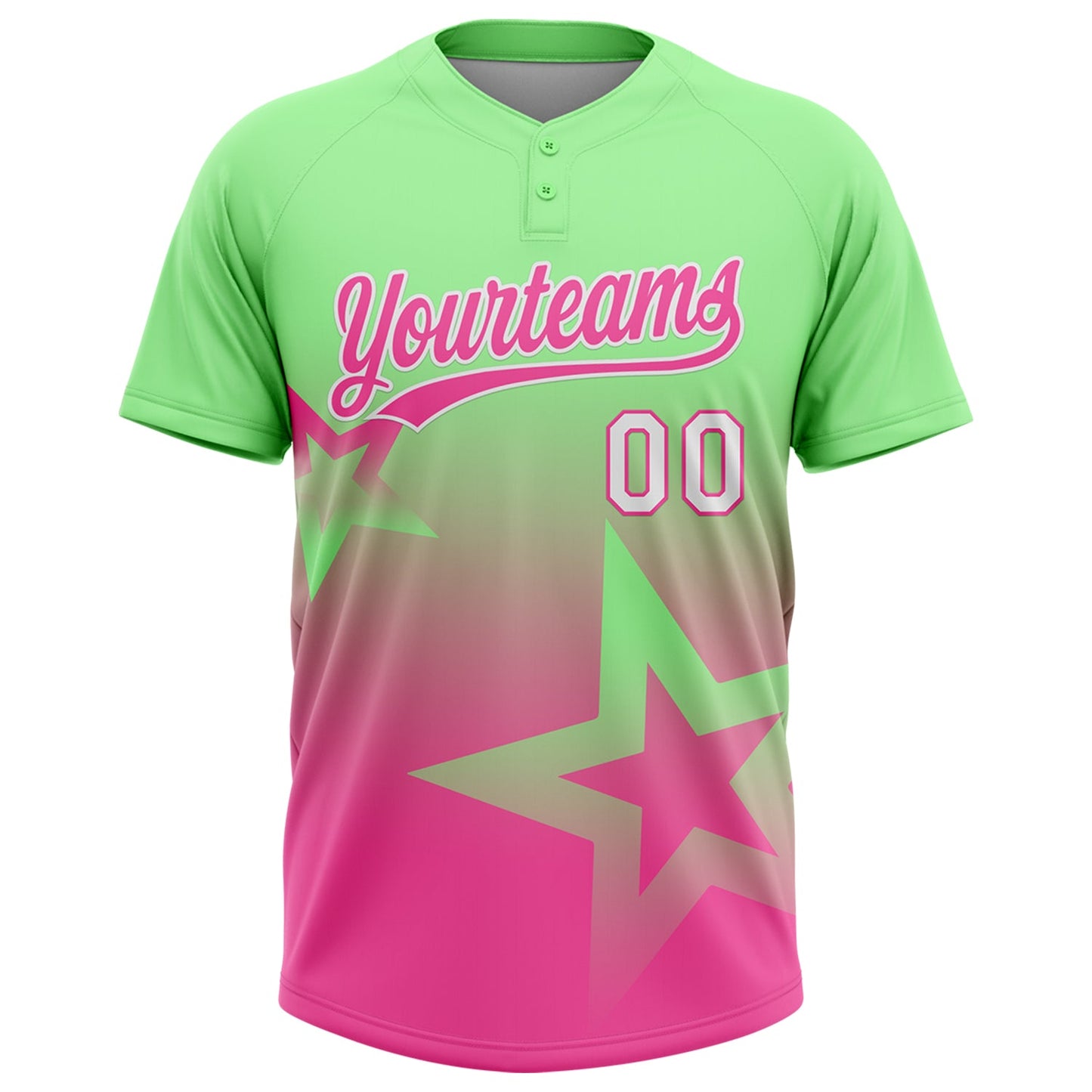 Custom Pea Green Pink-White Gradient Style Twinkle Star Two-Button Unisex Softball Jersey view 2