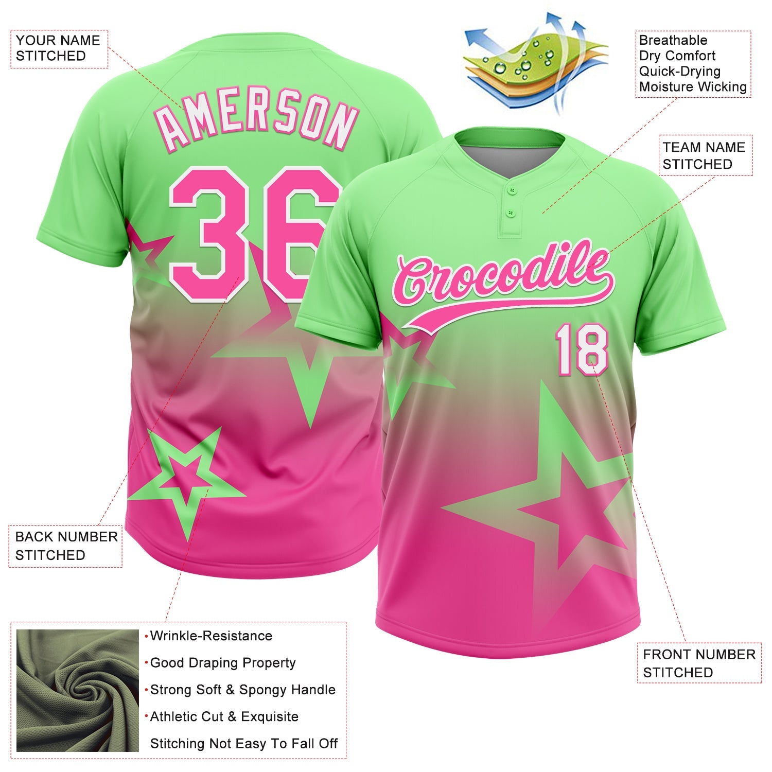 Custom Pea Green Pink-White Gradient Style Twinkle Star Two-Button Unisex Softball Jersey view 3