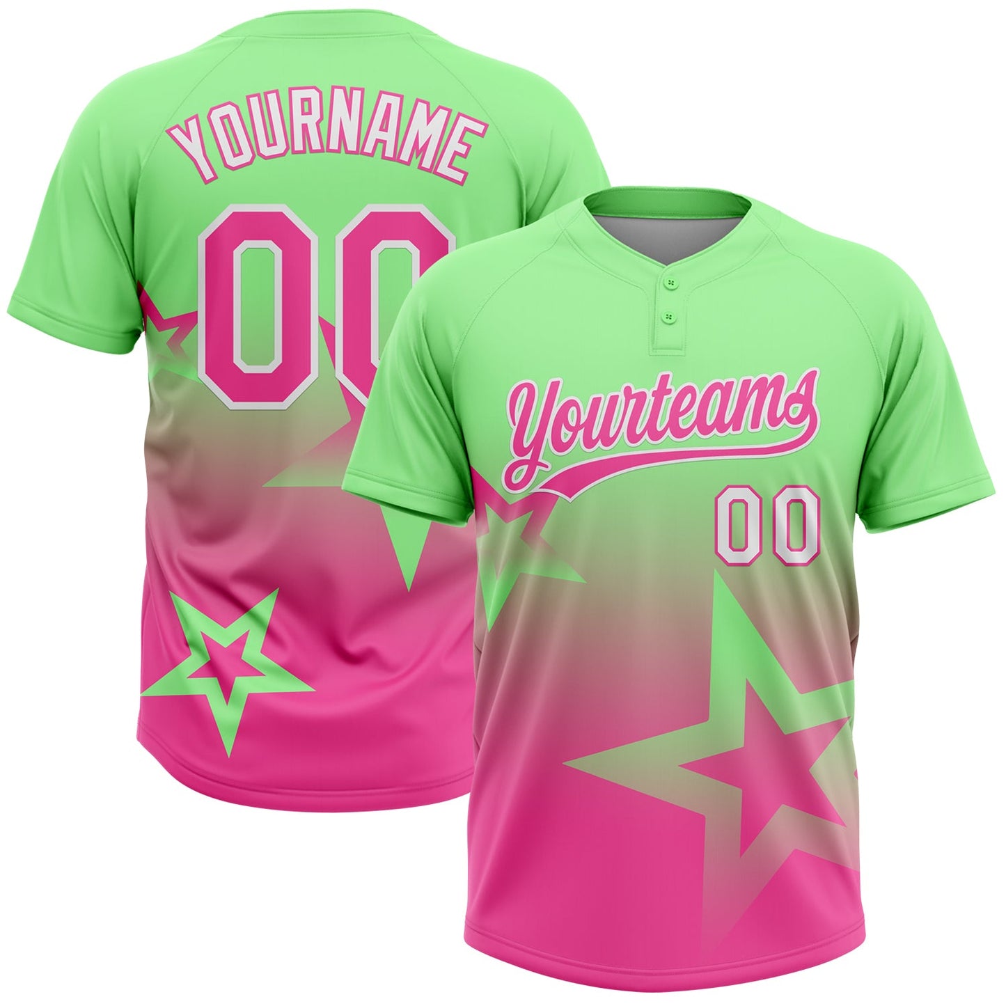 Custom Pea Green Pink-White Gradient Style Twinkle Star Two-Button Unisex Softball Jersey - Main View