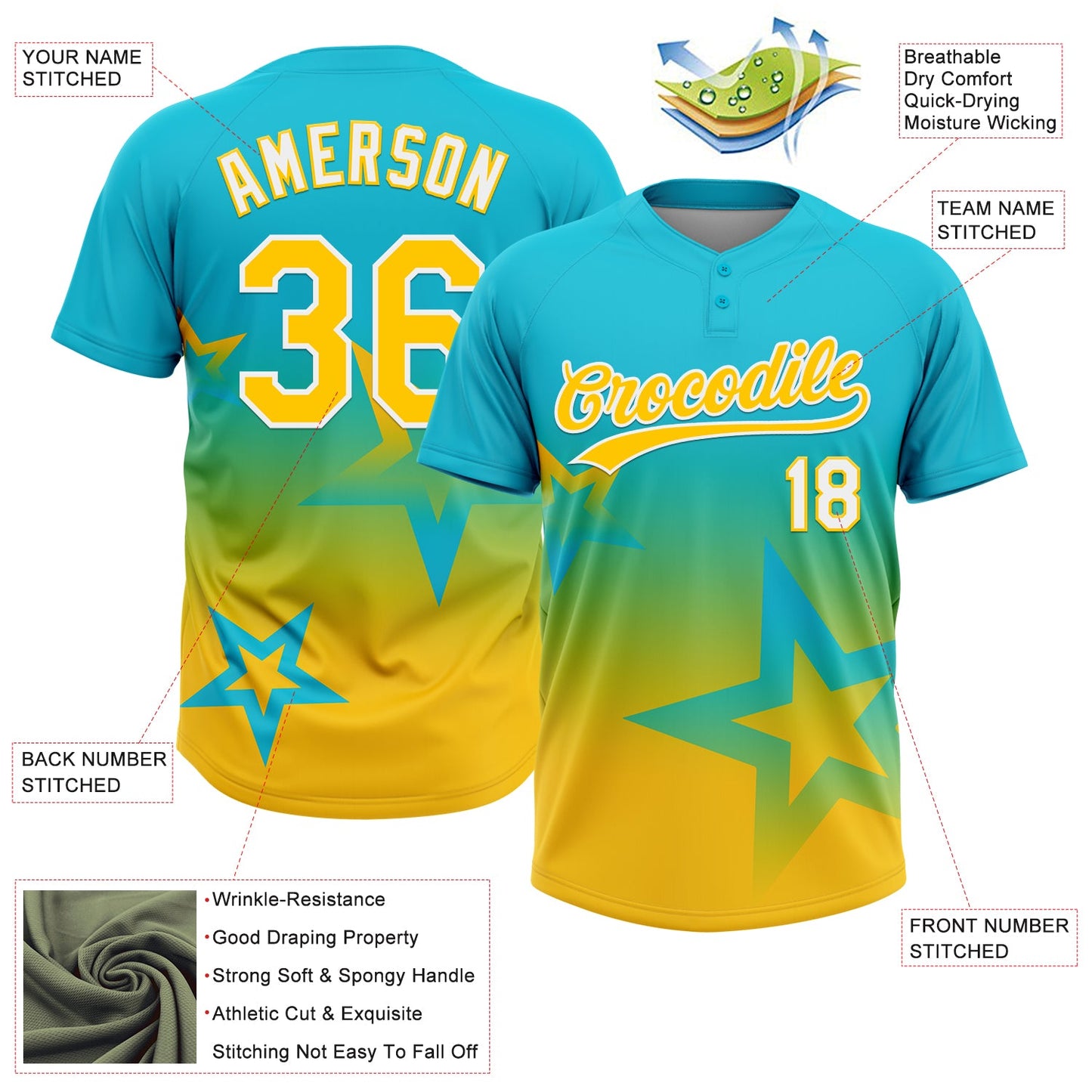 Custom Lakes Blue Yellow-White Gradient Style Twinkle Star Two-Button Unisex Softball Jersey view 3