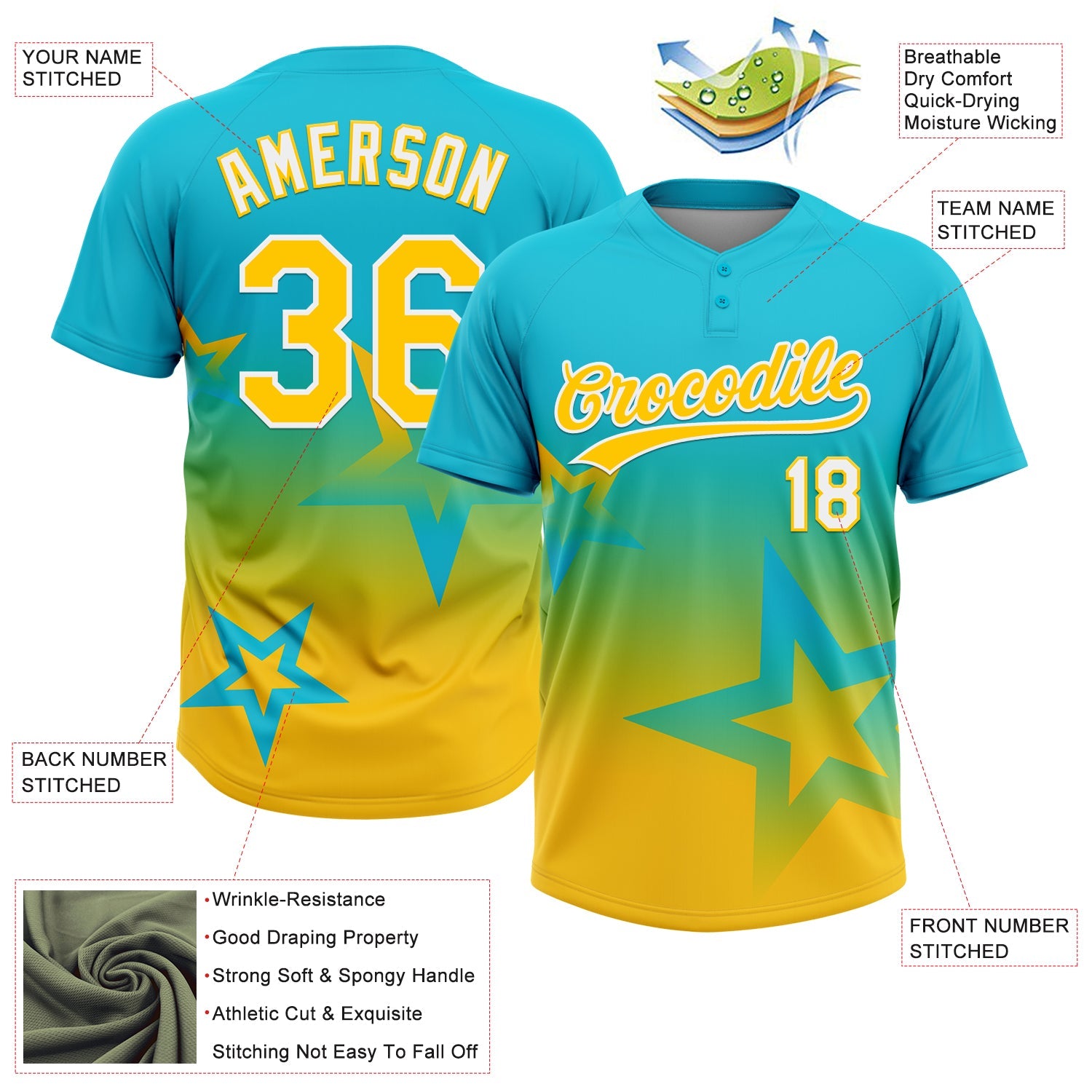 Custom Lakes Blue Yellow-White Gradient Style Twinkle Star Two-Button Unisex Softball Jersey view 3