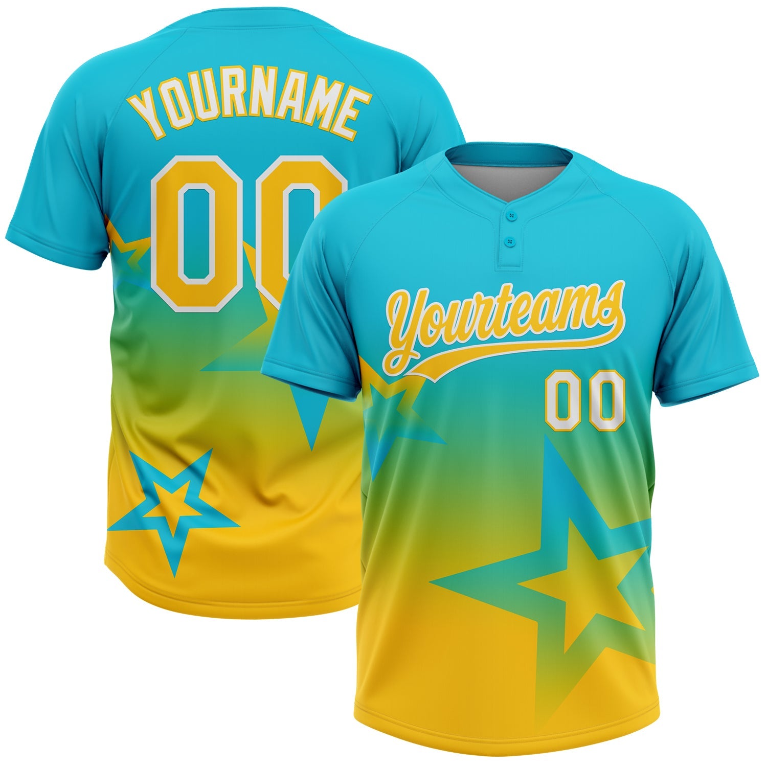 Custom Lakes Blue Yellow-White Gradient Style Twinkle Star Two-Button Unisex Softball Jersey - Main View