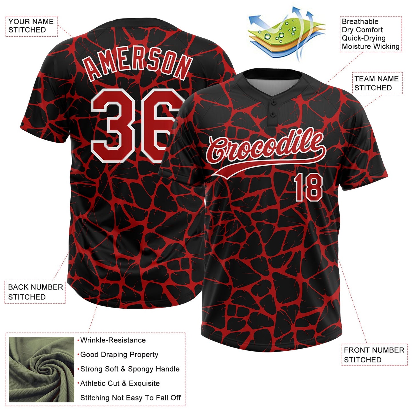 Custom Black Red-White Abstract Network Crackle Two-Button Unisex Softball Jersey view 3