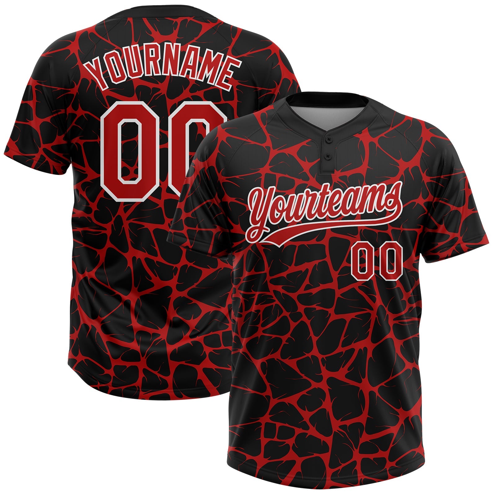 Custom Black Red-White Abstract Network Crackle Two-Button Unisex Softball Jersey - Main View