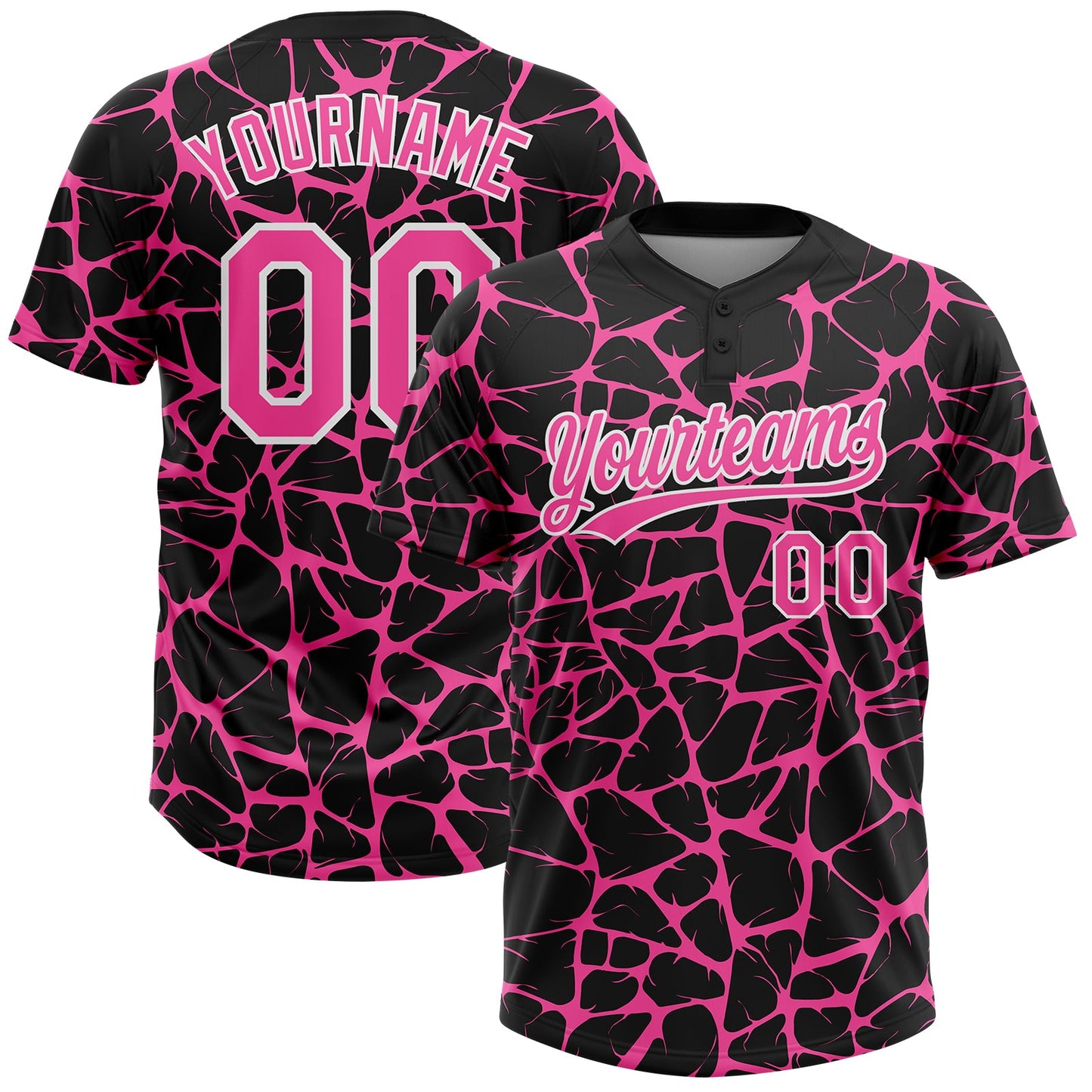 Custom Black Pink-White Abstract Network Crackle Two-Button Unisex Softball Jersey - Main View
