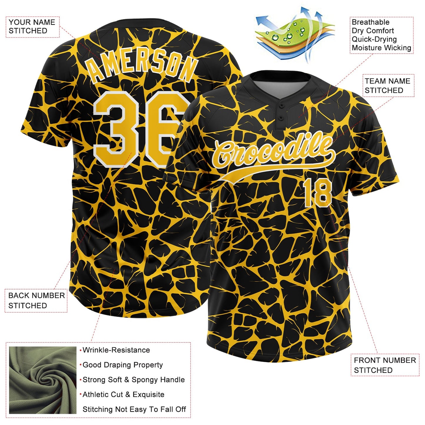 Custom Black Yellow-White Abstract Network Crackle Two-Button Unisex Softball Jersey view 3