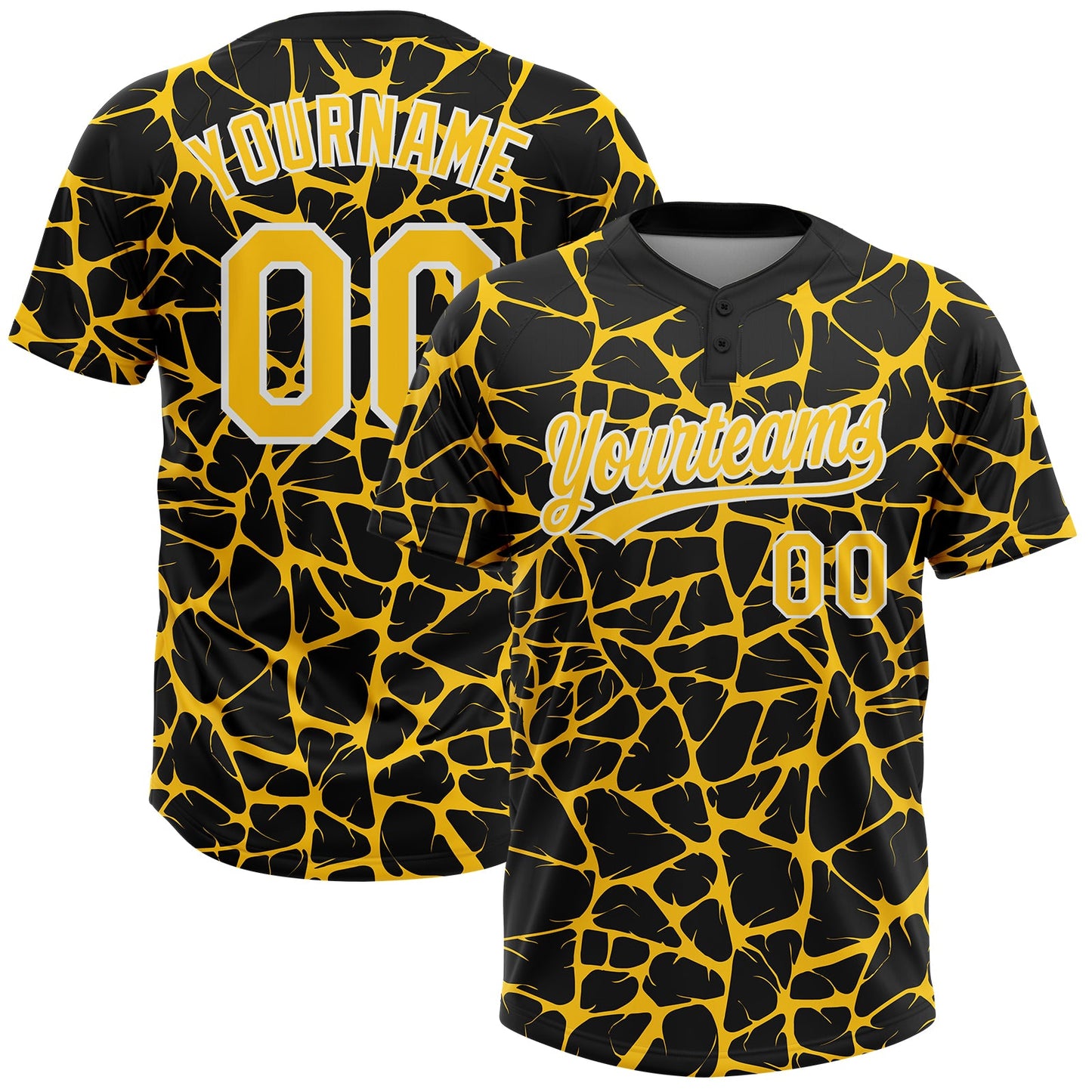 Custom Black Yellow-White Abstract Network Crackle Two-Button Unisex Softball Jersey - Main View
