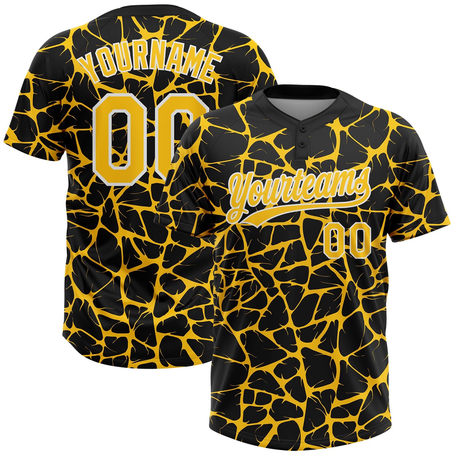 Custom Black Yellow-White Abstract Network Crackle Two-Button Unisex Softball Jersey - Main View