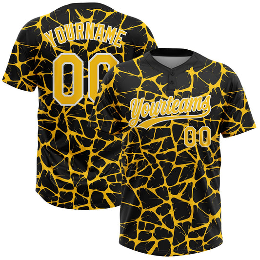 Custom Black Yellow-White Abstract Network Crackle Two-Button Unisex Softball Jersey - Main View