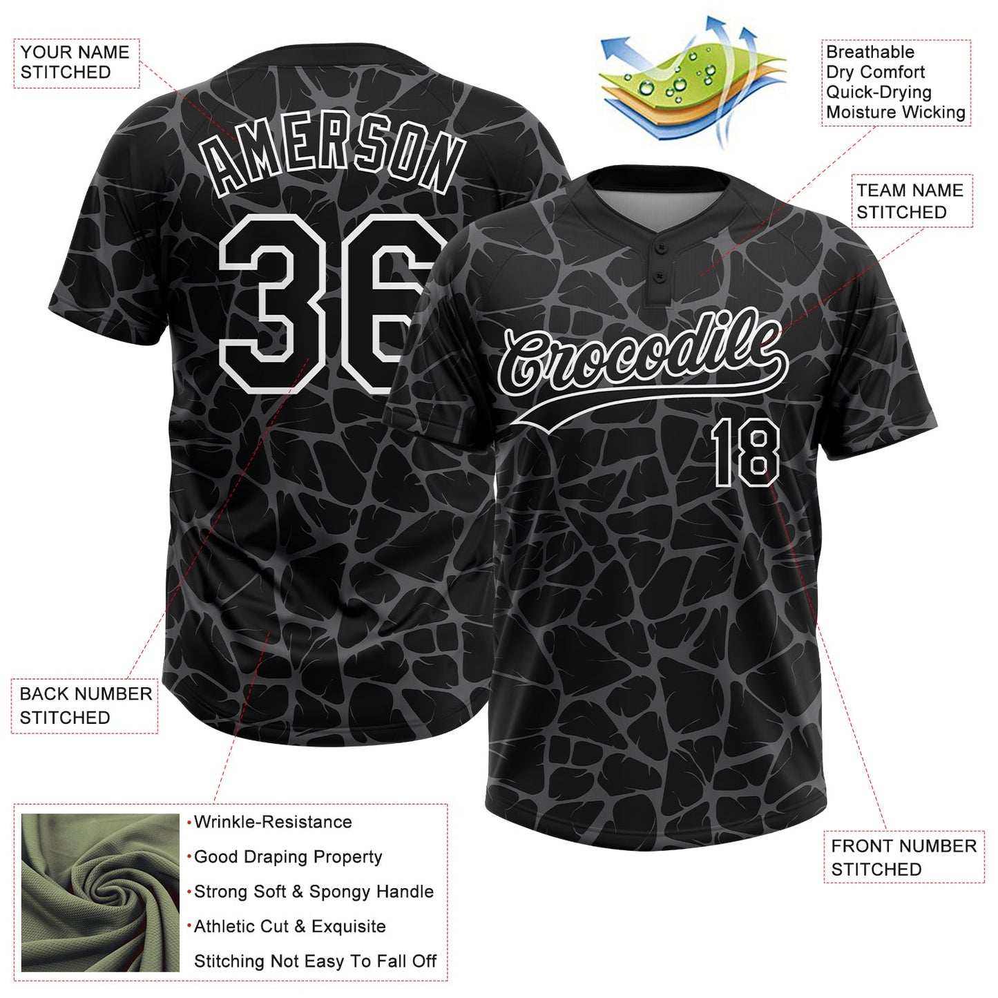 Custom Black Steel Gray-White Abstract Network Crackle Two-Button Unisex Softball Jersey view 3