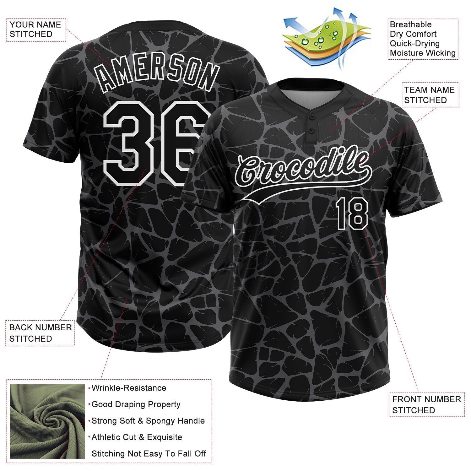 Custom Black Steel Gray-White Abstract Network Crackle Two-Button Unisex Softball Jersey view 3