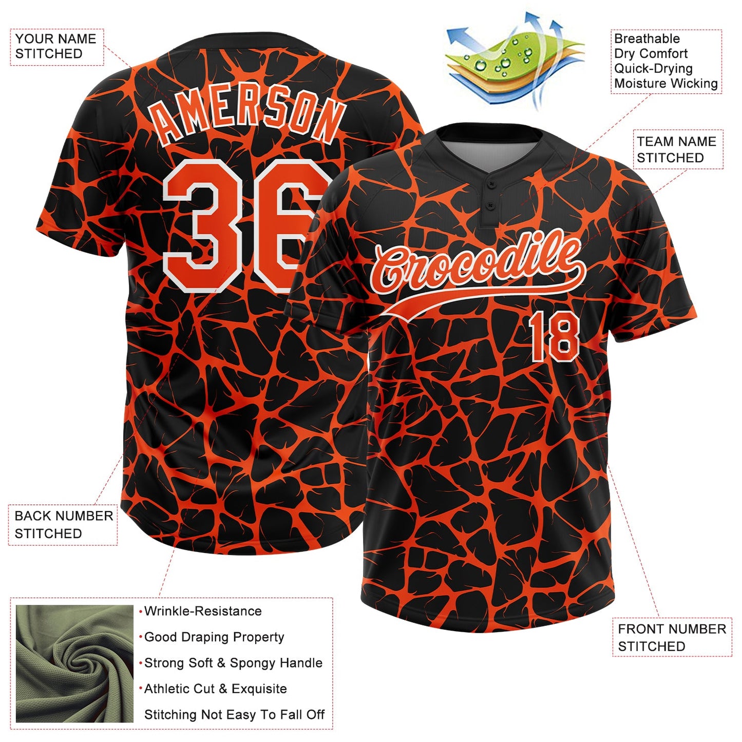 Custom Black Orange-White Abstract Network Crackle Two-Button Unisex Softball Jersey view 3