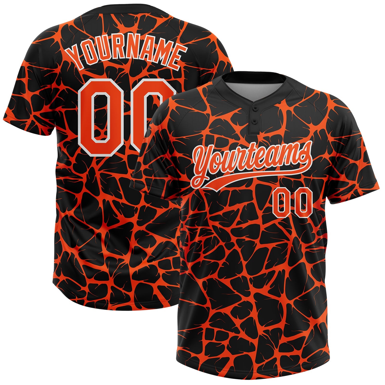 Custom Black Orange-White Abstract Network Crackle Two-Button Unisex Softball Jersey - Main View