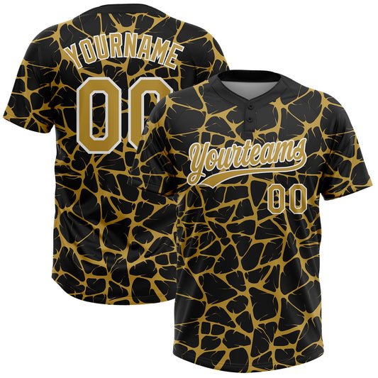 Custom Black Old Gold-White Abstract Network Crackle Two-Button Unisex Softball Jersey - Main View
