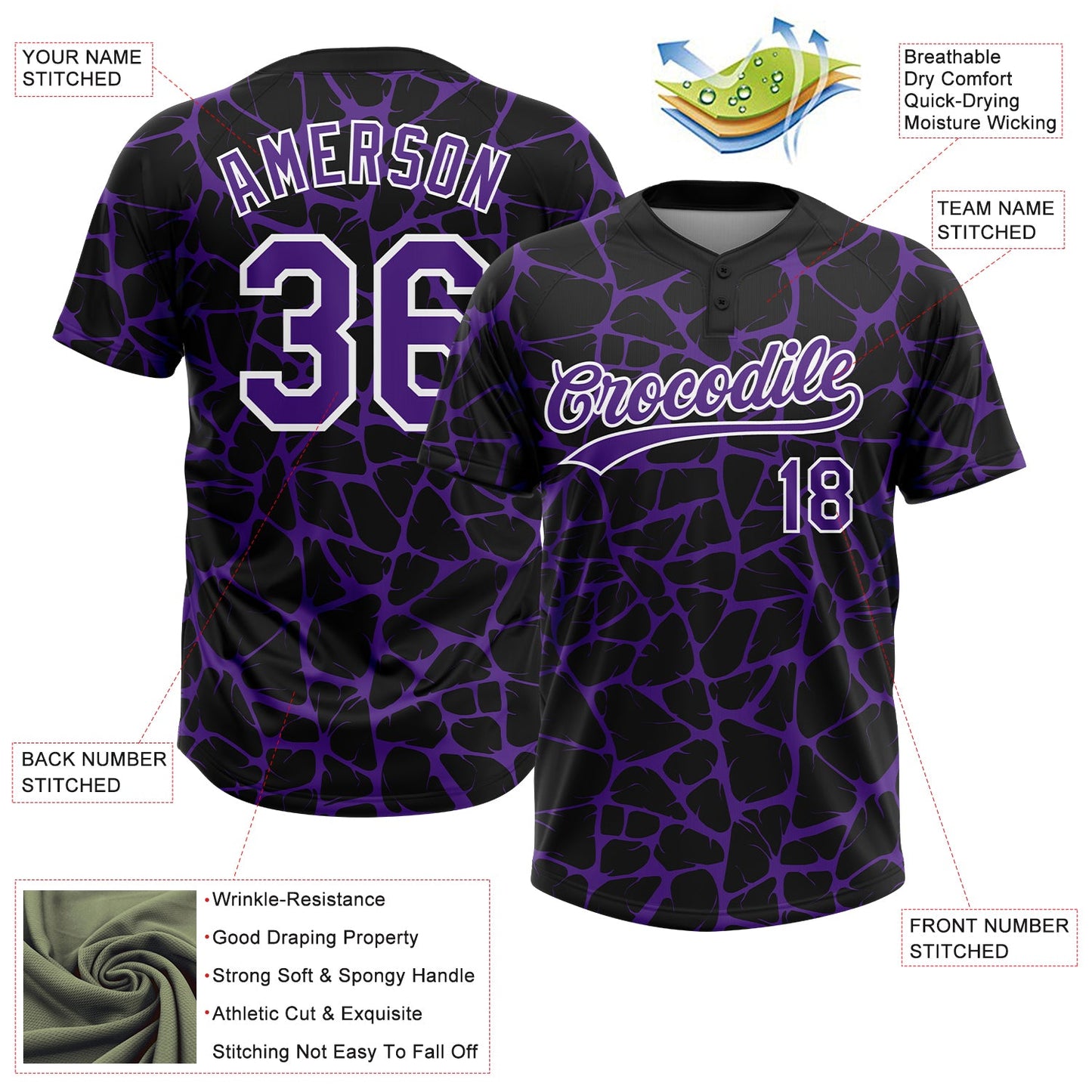 Custom Black Purple-White Abstract Network Crackle Two-Button Unisex Softball Jersey view 3