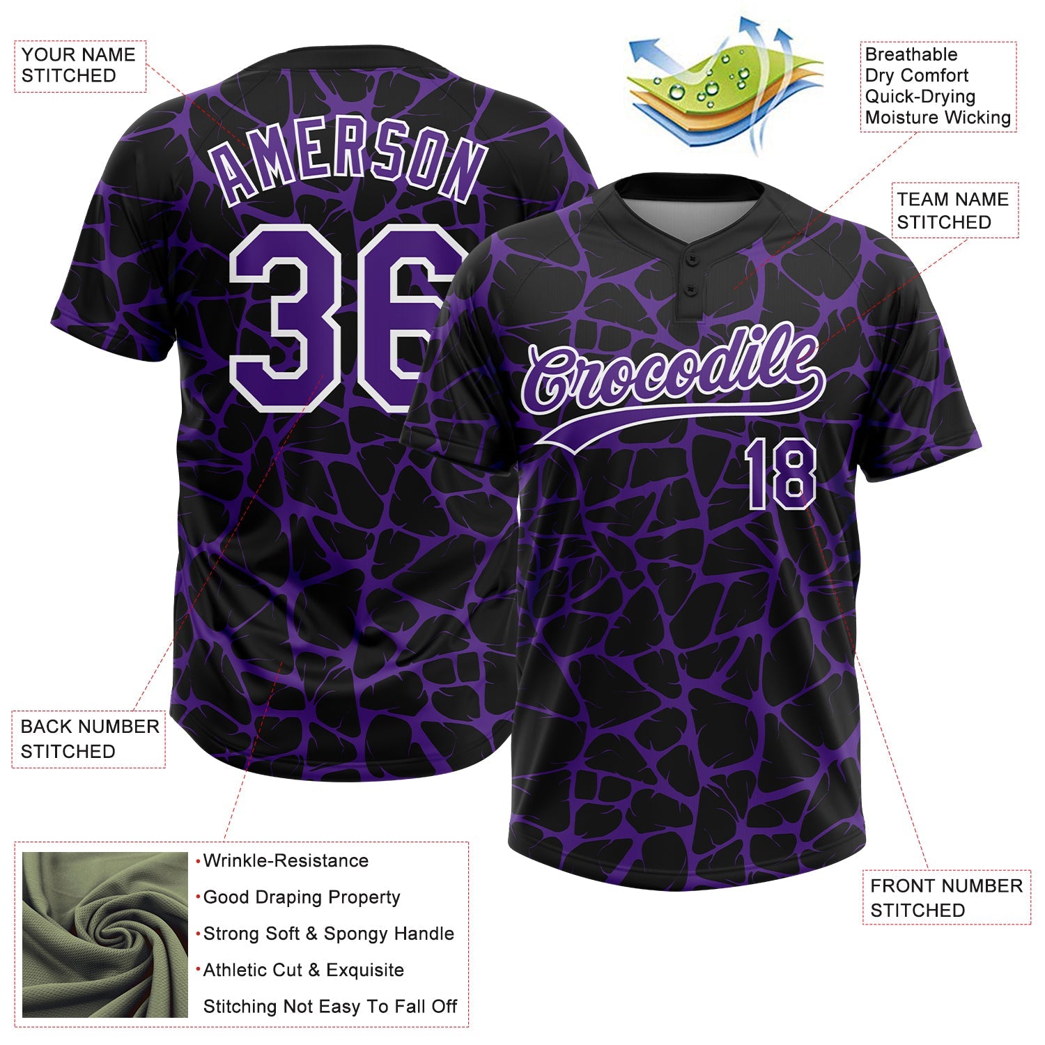 Custom Black Purple-White Abstract Network Crackle Two-Button Unisex Softball Jersey view 3