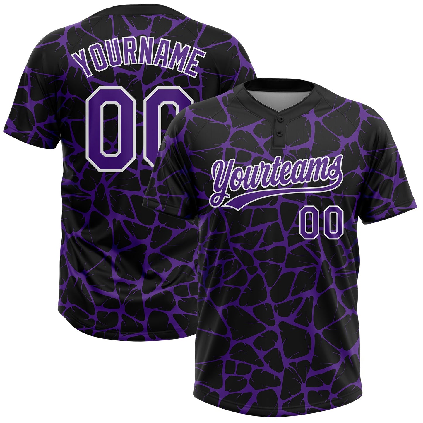 Custom Black Purple-White Abstract Network Crackle Two-Button Unisex Softball Jersey - Main View