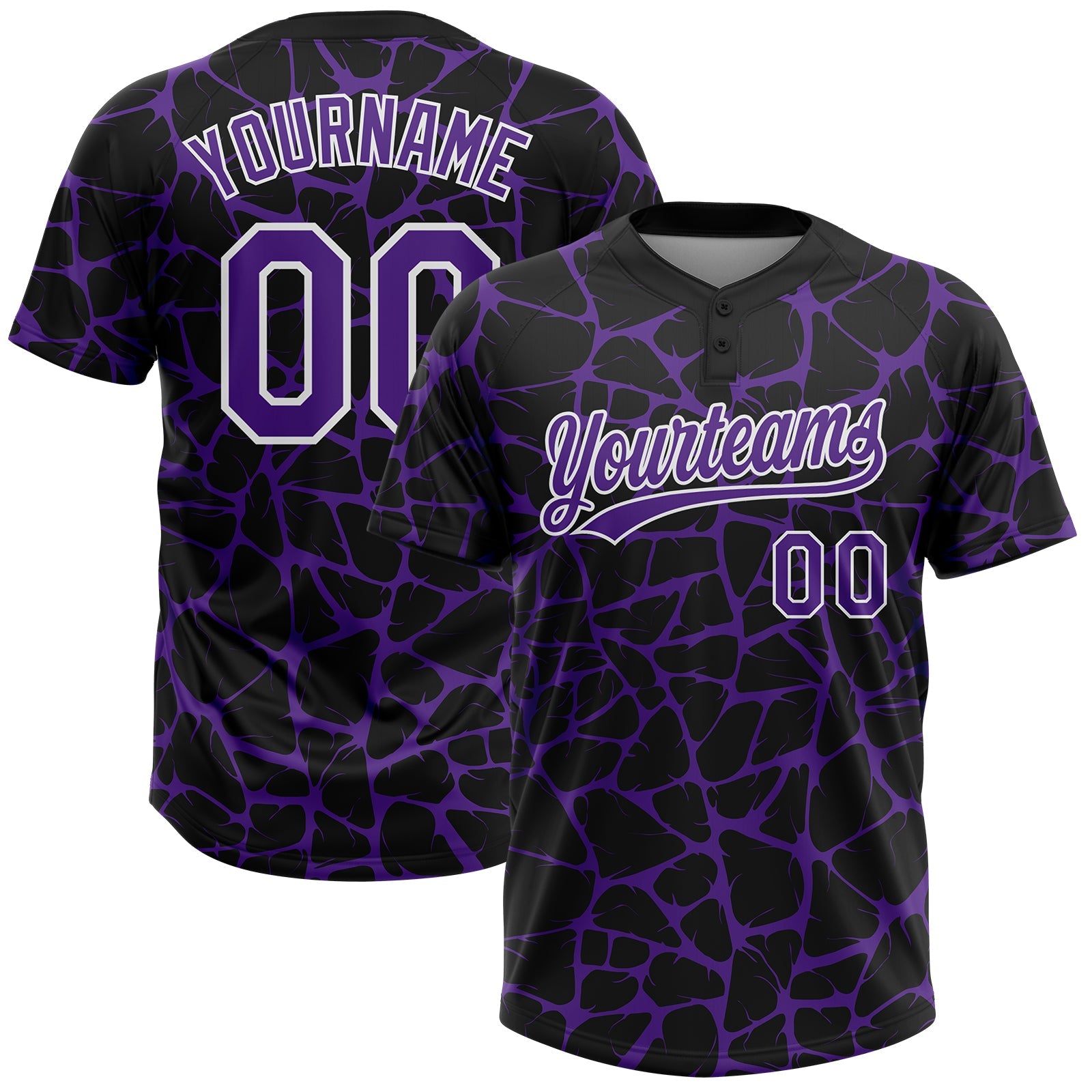 Custom Black Purple-White Abstract Network Crackle Two-Button Unisex Softball Jersey - Main View