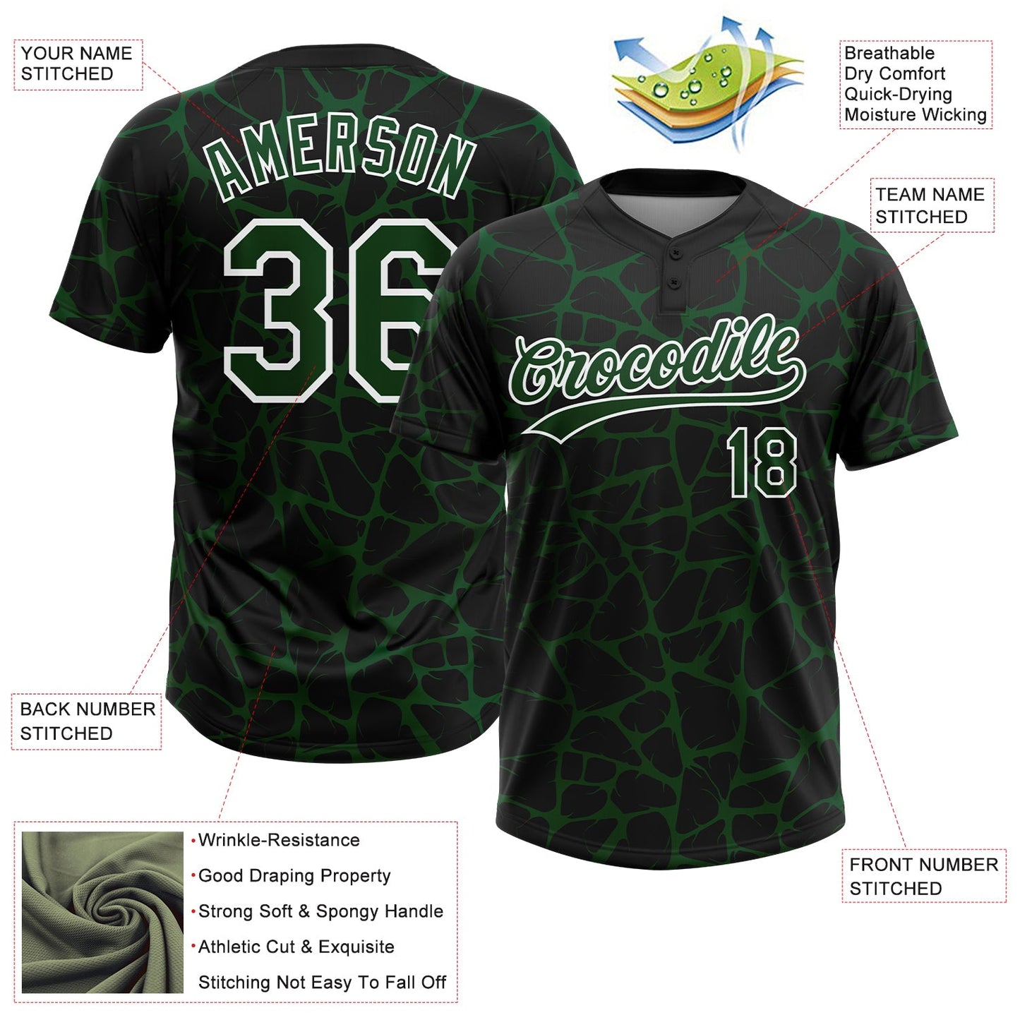 Custom Black Green-White Abstract Network Crackle Two-Button Unisex Softball Jersey view 3