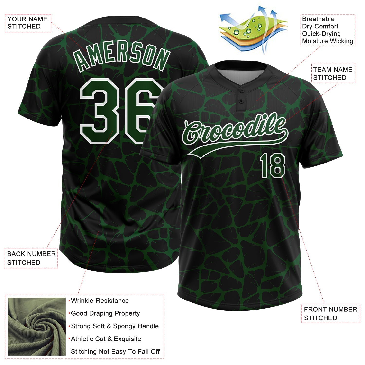 Custom Black Green-White Abstract Network Crackle Two-Button Unisex Softball Jersey view 3