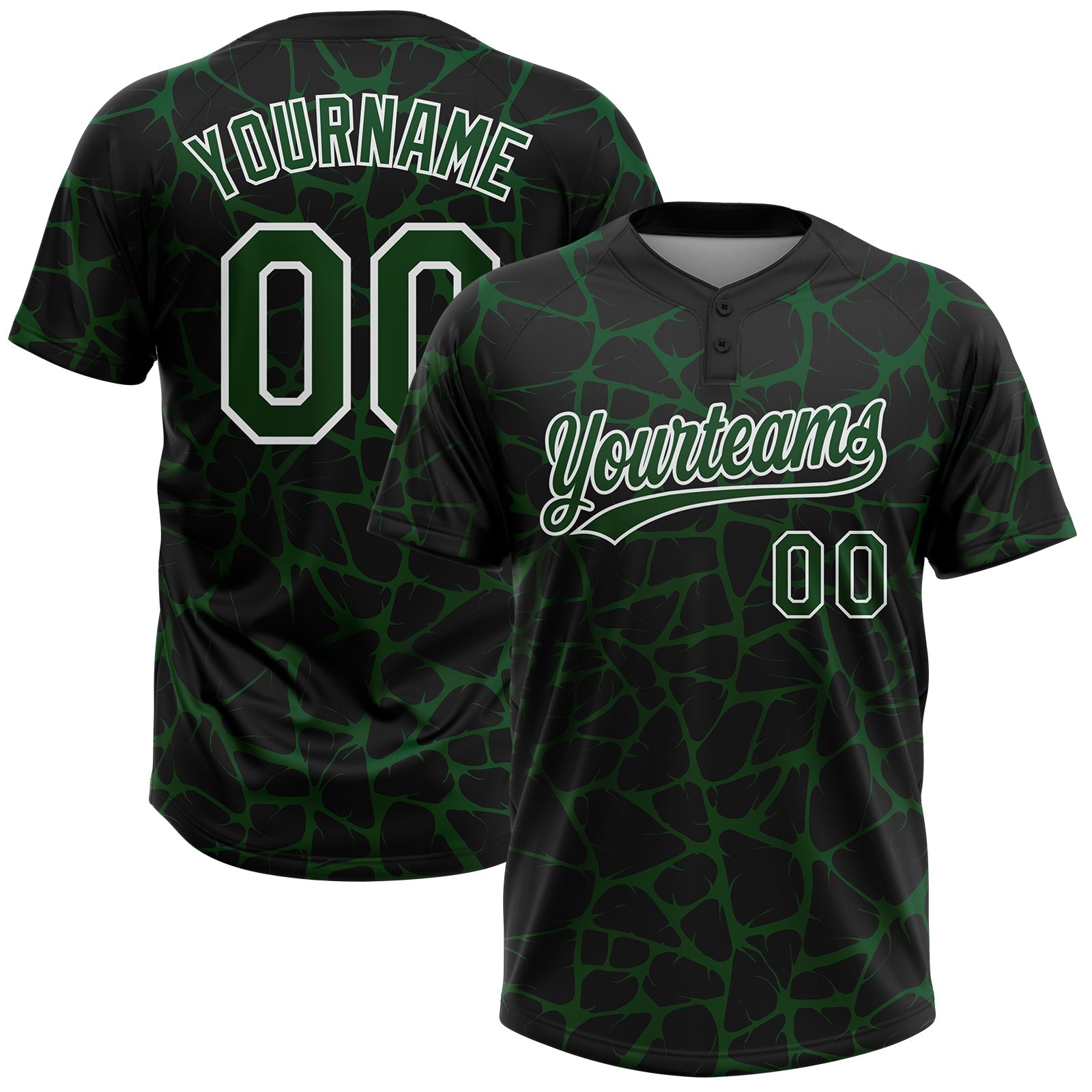Custom Black Green-White Abstract Network Crackle Two-Button Unisex Softball Jersey - Main View