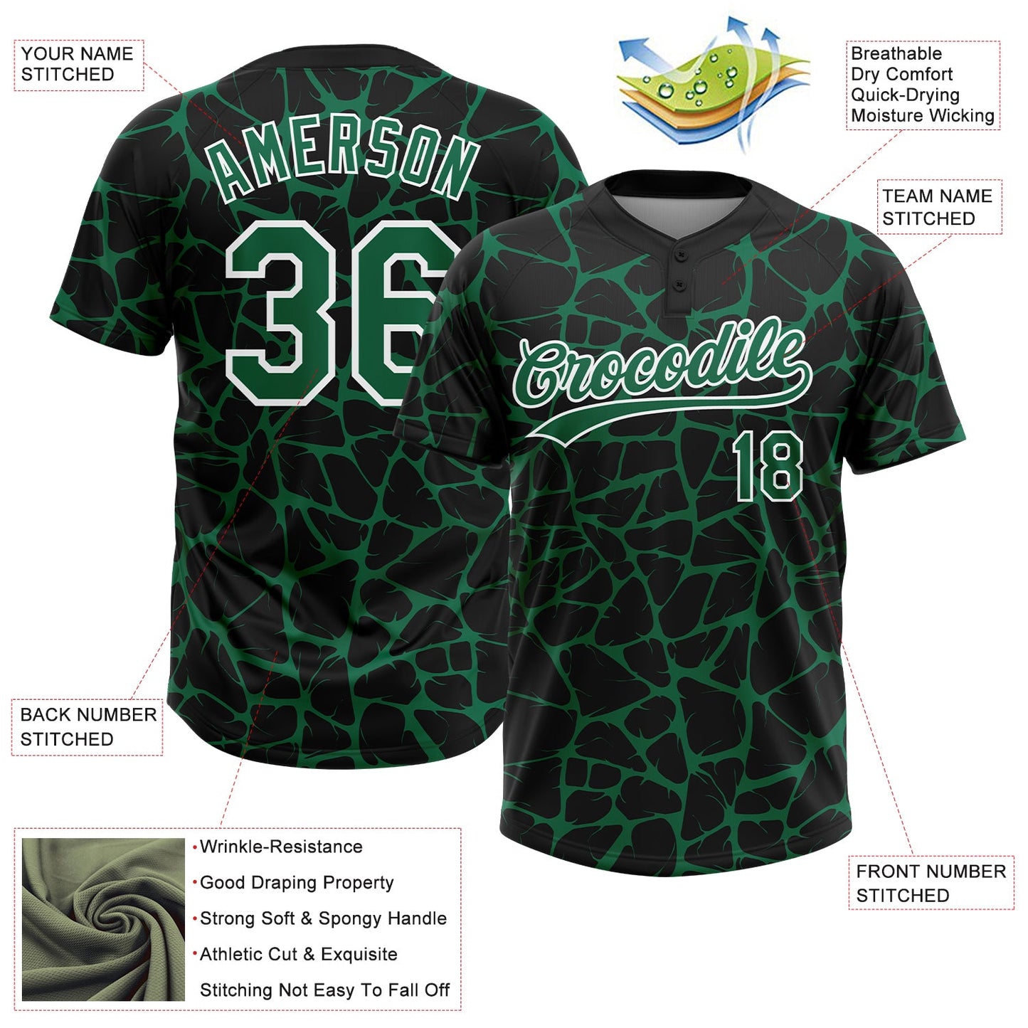 Custom Black Kelly Green-White Abstract Network Crackle Two-Button Unisex Softball Jersey view 3