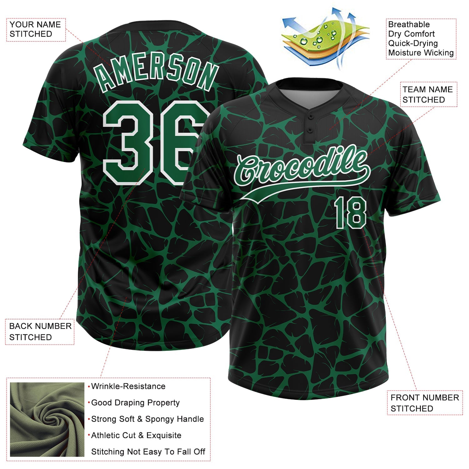 Custom Black Kelly Green-White Abstract Network Crackle Two-Button Unisex Softball Jersey view 3