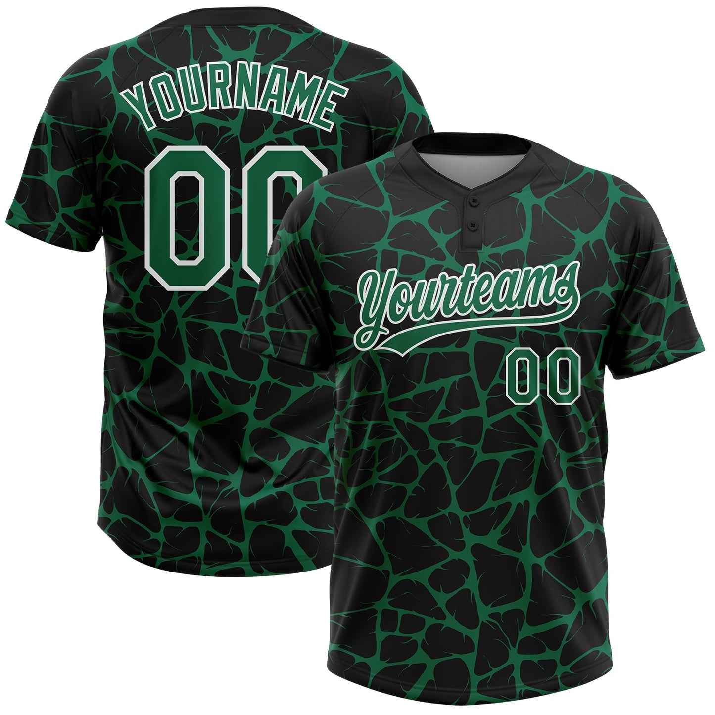 Custom Black Kelly Green-White Abstract Network Crackle Two-Button Unisex Softball Jersey - Main View