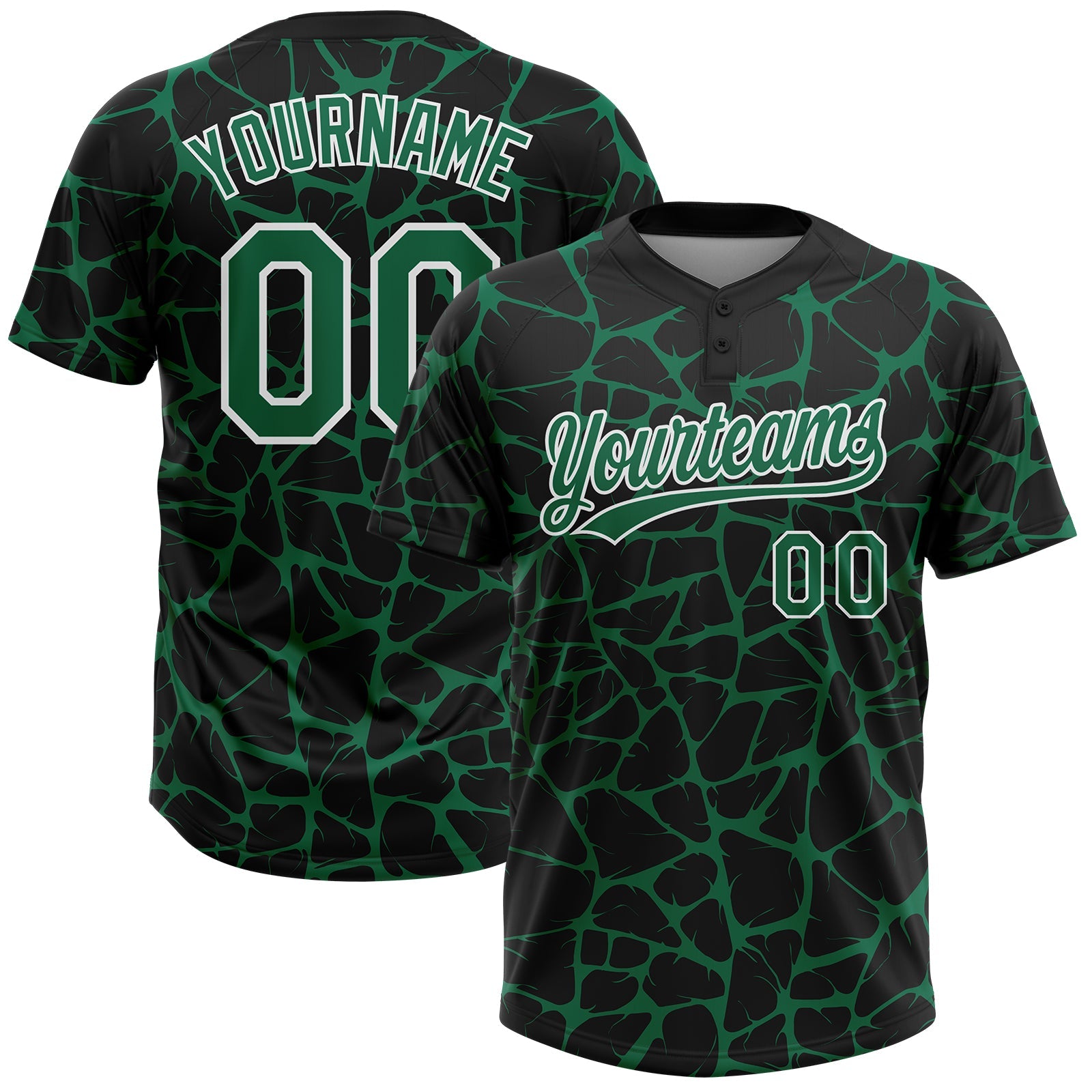 Custom Black Kelly Green-White Abstract Network Crackle Two-Button Unisex Softball Jersey - Main View