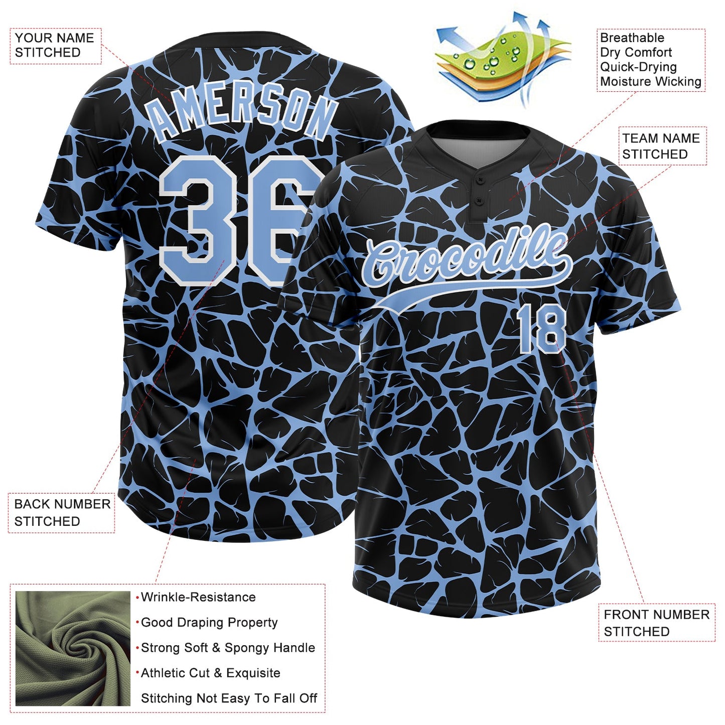 Custom Black Light Blue-White Abstract Network Crackle Two-Button Unisex Softball Jersey view 3