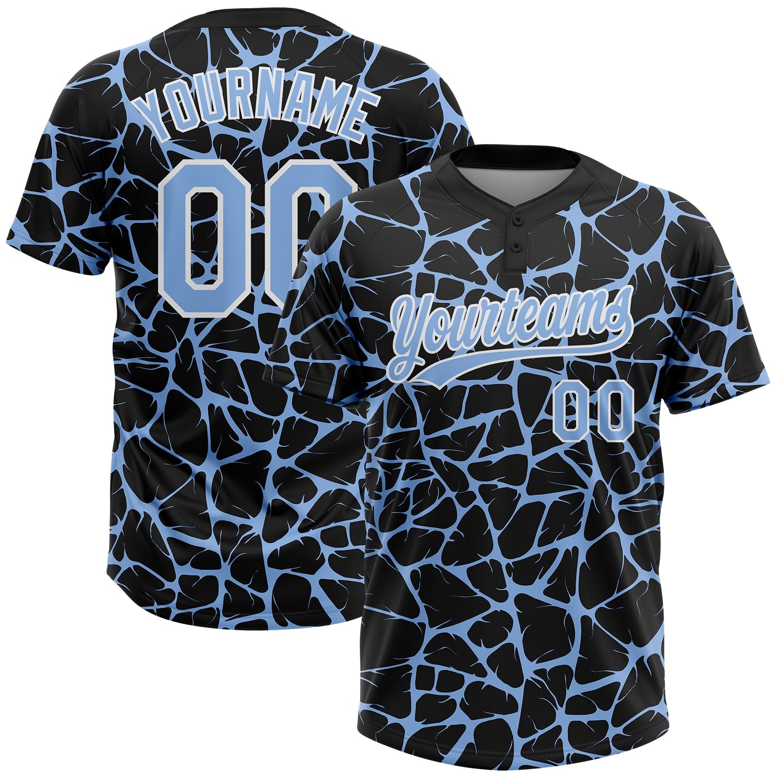 Custom Black Light Blue-White Abstract Network Crackle Two-Button Unisex Softball Jersey - Main View