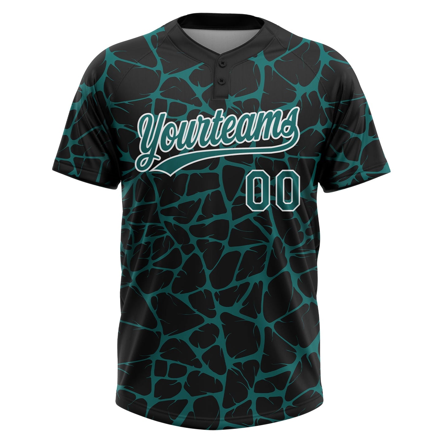 Custom Black Teal-White Abstract Network Crackle Two-Button Unisex Softball Jersey view 2