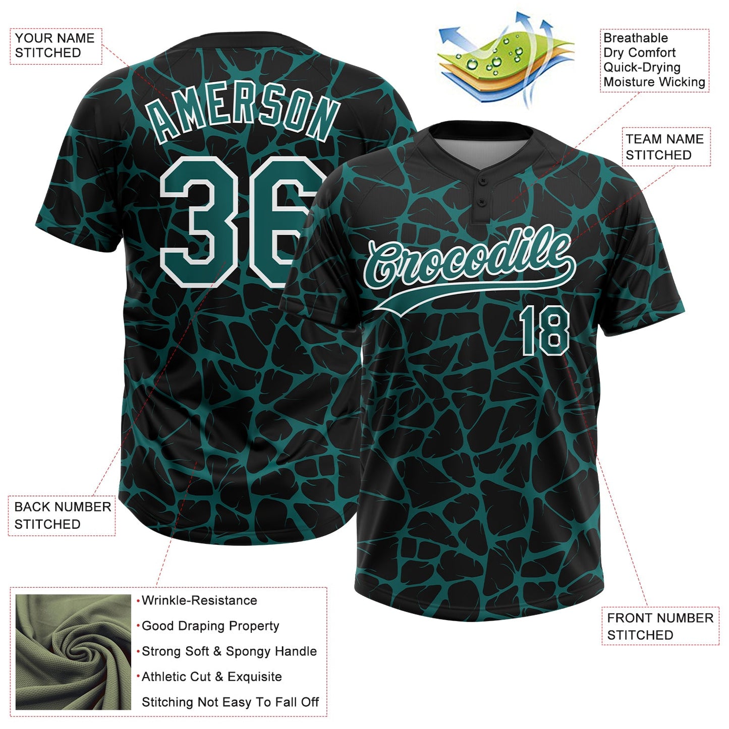 Custom Black Teal-White Abstract Network Crackle Two-Button Unisex Softball Jersey view 3