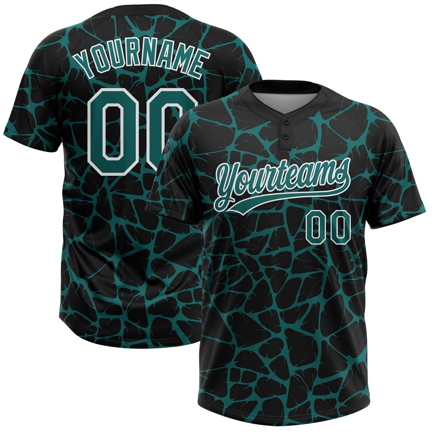 Custom Black Teal-White Abstract Network Crackle Two-Button Unisex Softball Jersey - Main View