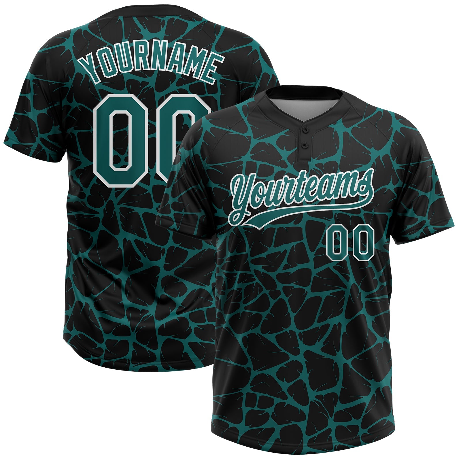 Custom Black Teal-White Abstract Network Crackle Two-Button Unisex Softball Jersey - Main View