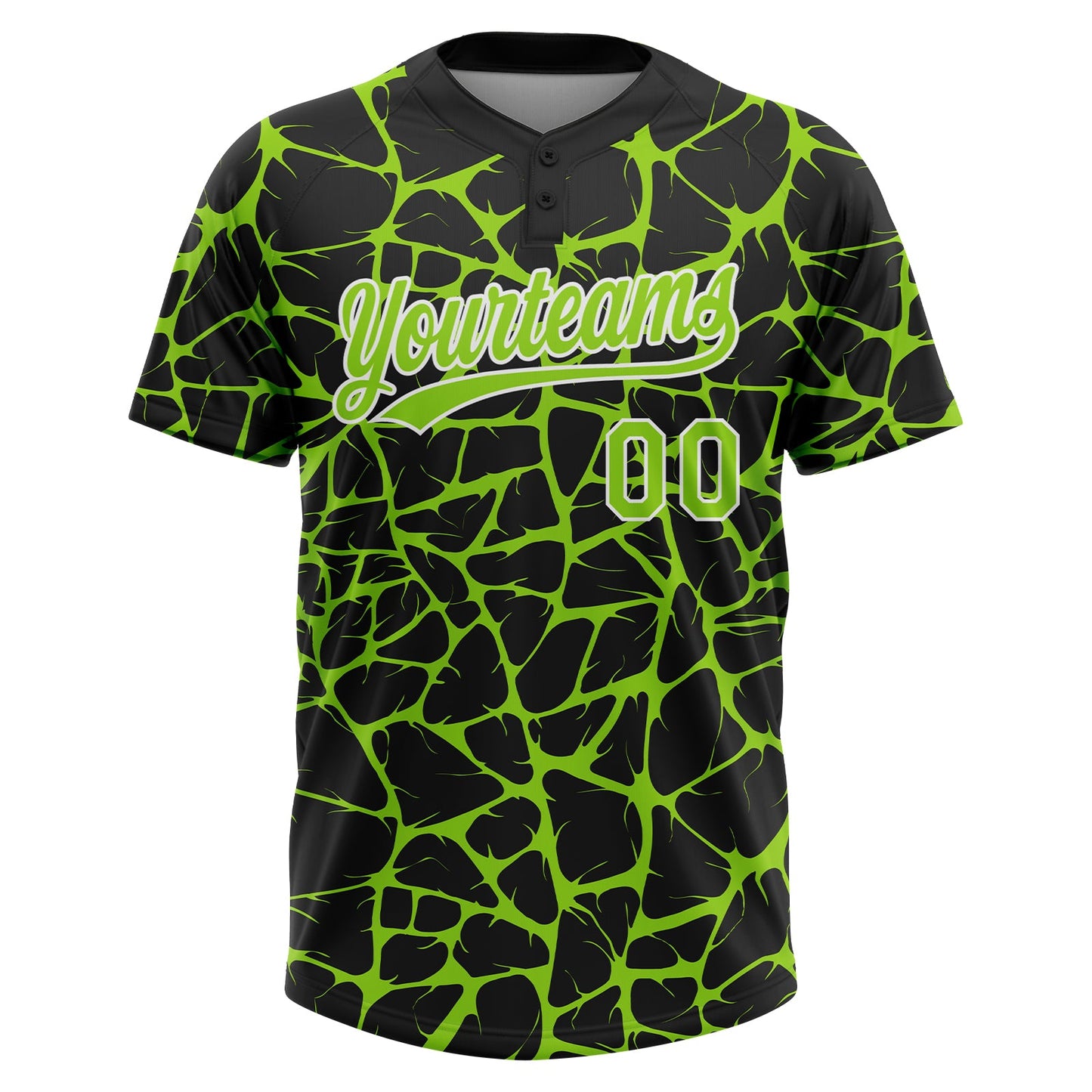 Custom Black Neon Green-White Abstract Network Crackle Two-Button Unisex Softball Jersey view 2