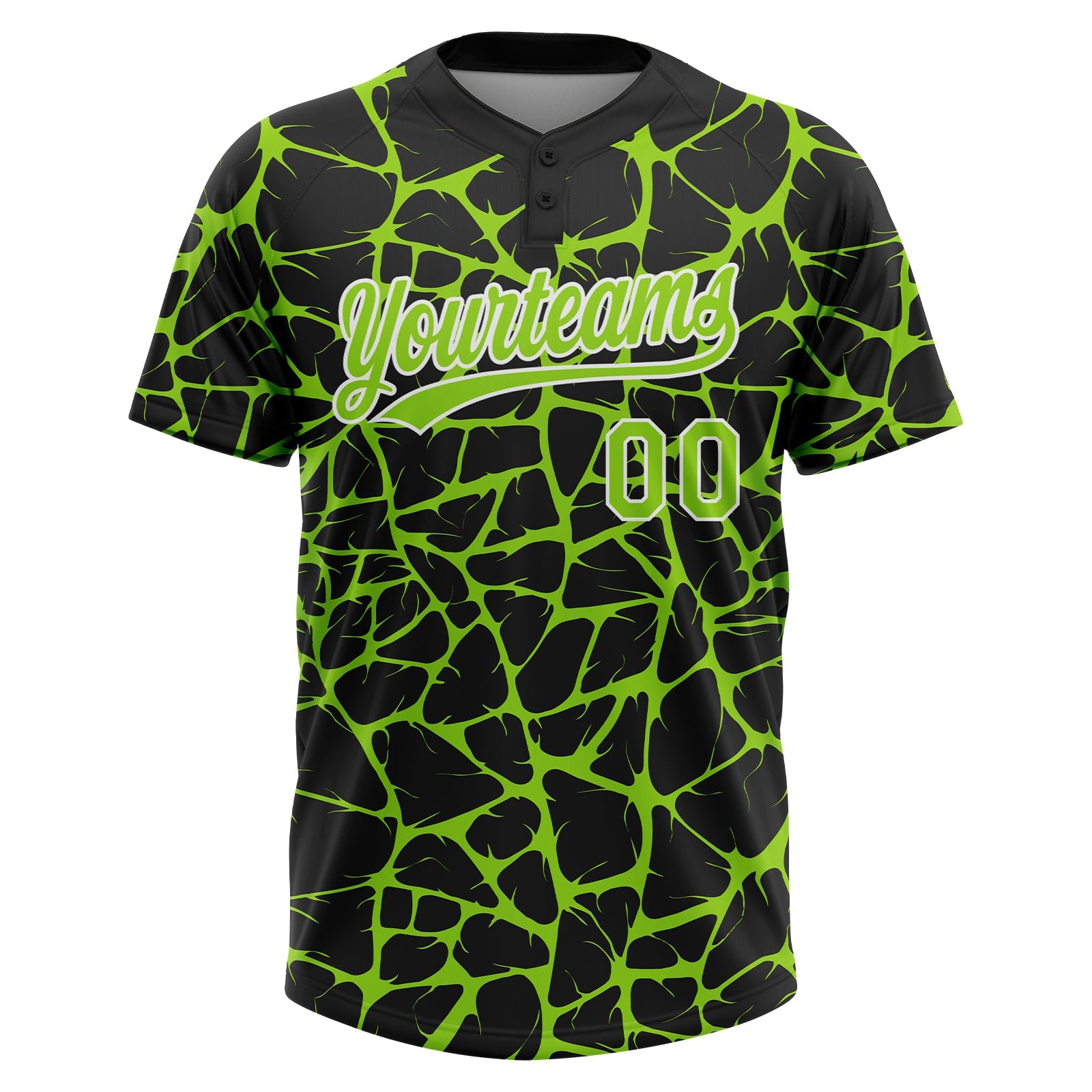 Custom Black Neon Green-White Abstract Network Crackle Two-Button Unisex Softball Jersey view 2