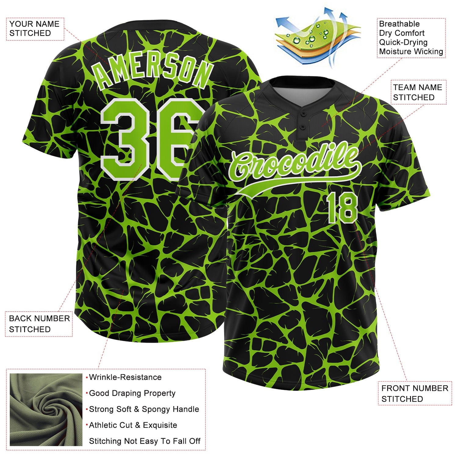 Custom Black Neon Green-White Abstract Network Crackle Two-Button Unisex Softball Jersey view 3