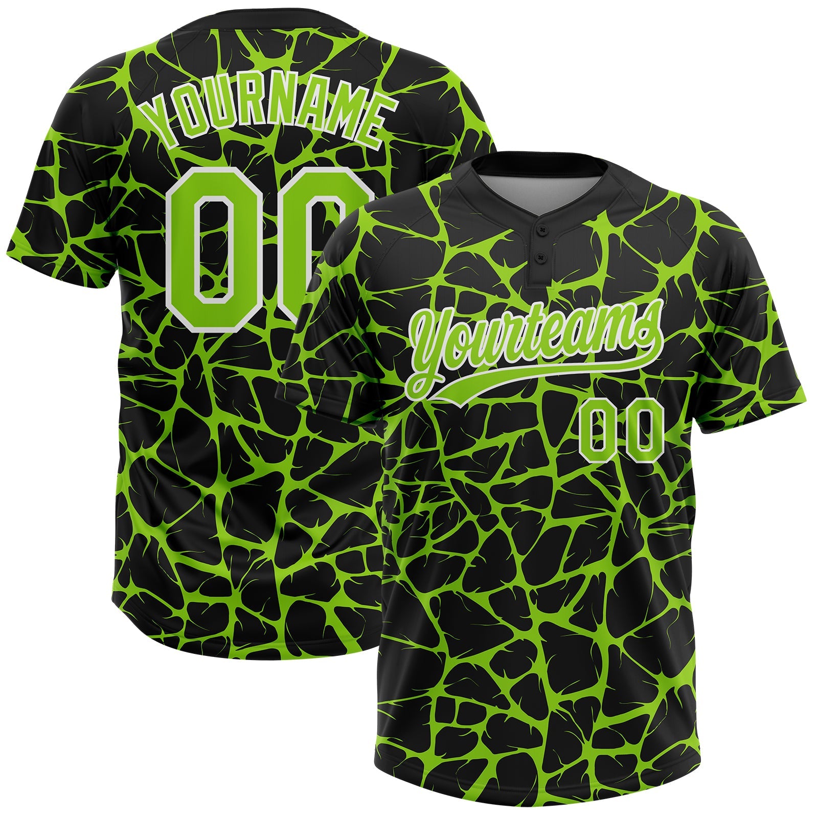 Custom Black Neon Green-White Abstract Network Crackle Two-Button Unisex Softball Jersey - Main View
