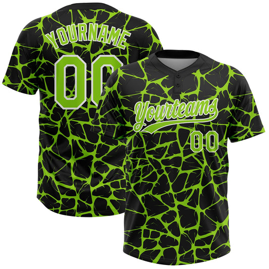 Custom Black Neon Green-White Abstract Network Crackle Two-Button Unisex Softball Jersey - Main View