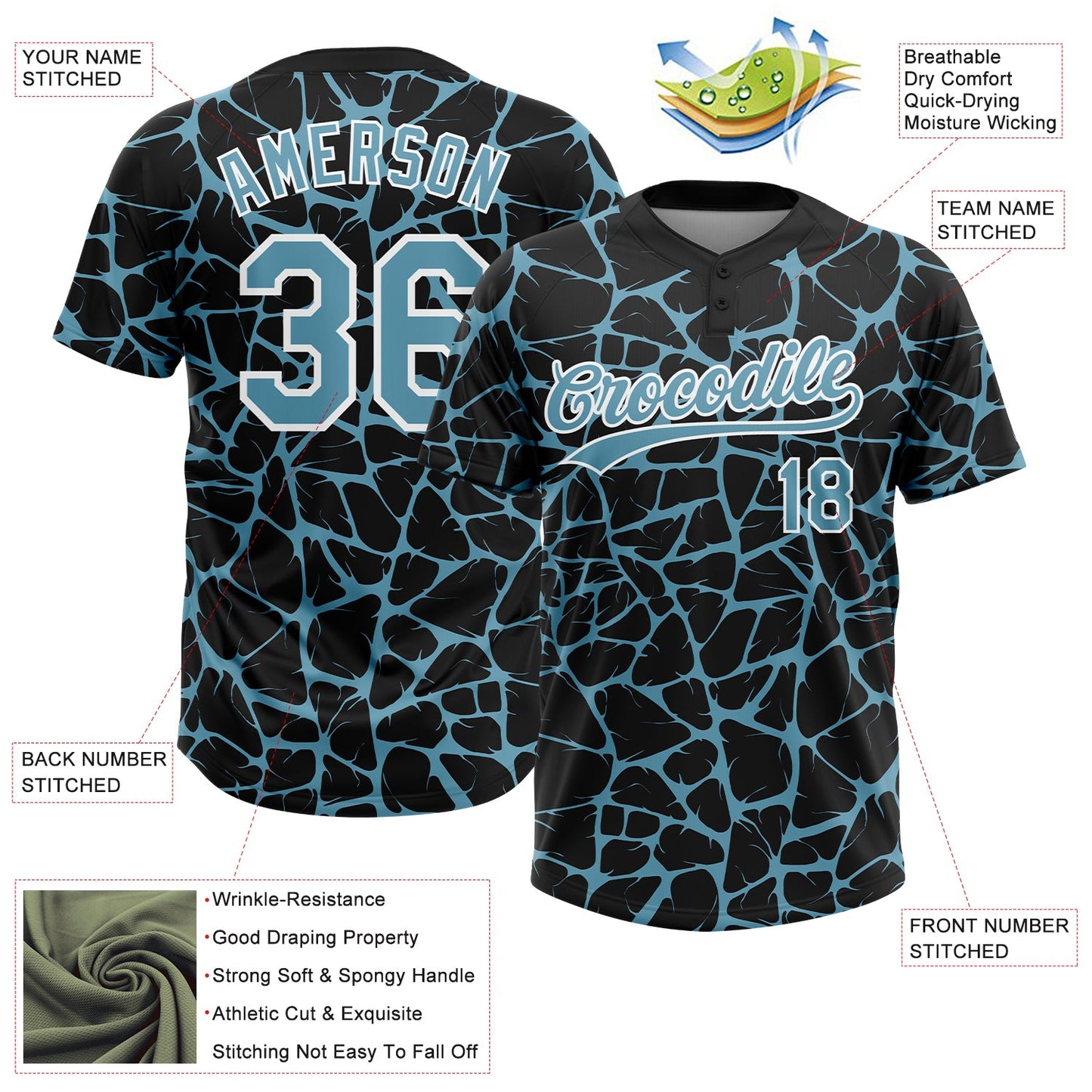 Custom Black Shadow Blue-White Abstract Network Crackle Two-Button Unisex Softball Jersey view 3