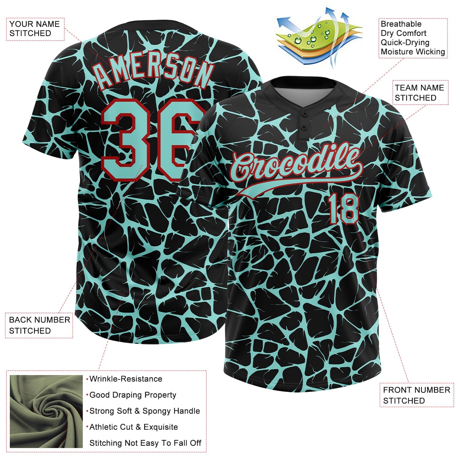 Custom Black Ice Blue-Red Abstract Network Crackle Two-Button Unisex Softball Jersey view 3