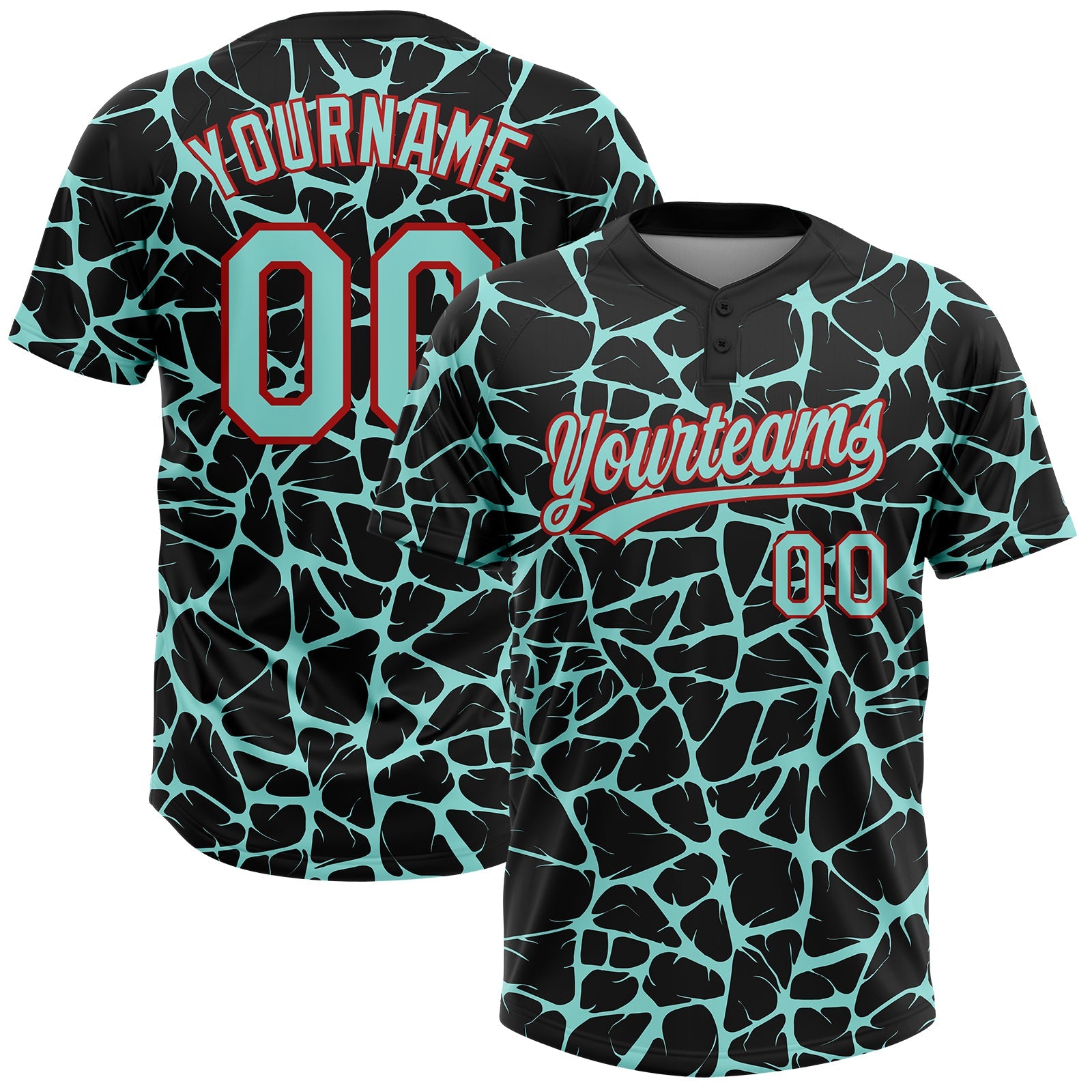 Custom Black Ice Blue-Red Abstract Network Crackle Two-Button Unisex Softball Jersey - Main View