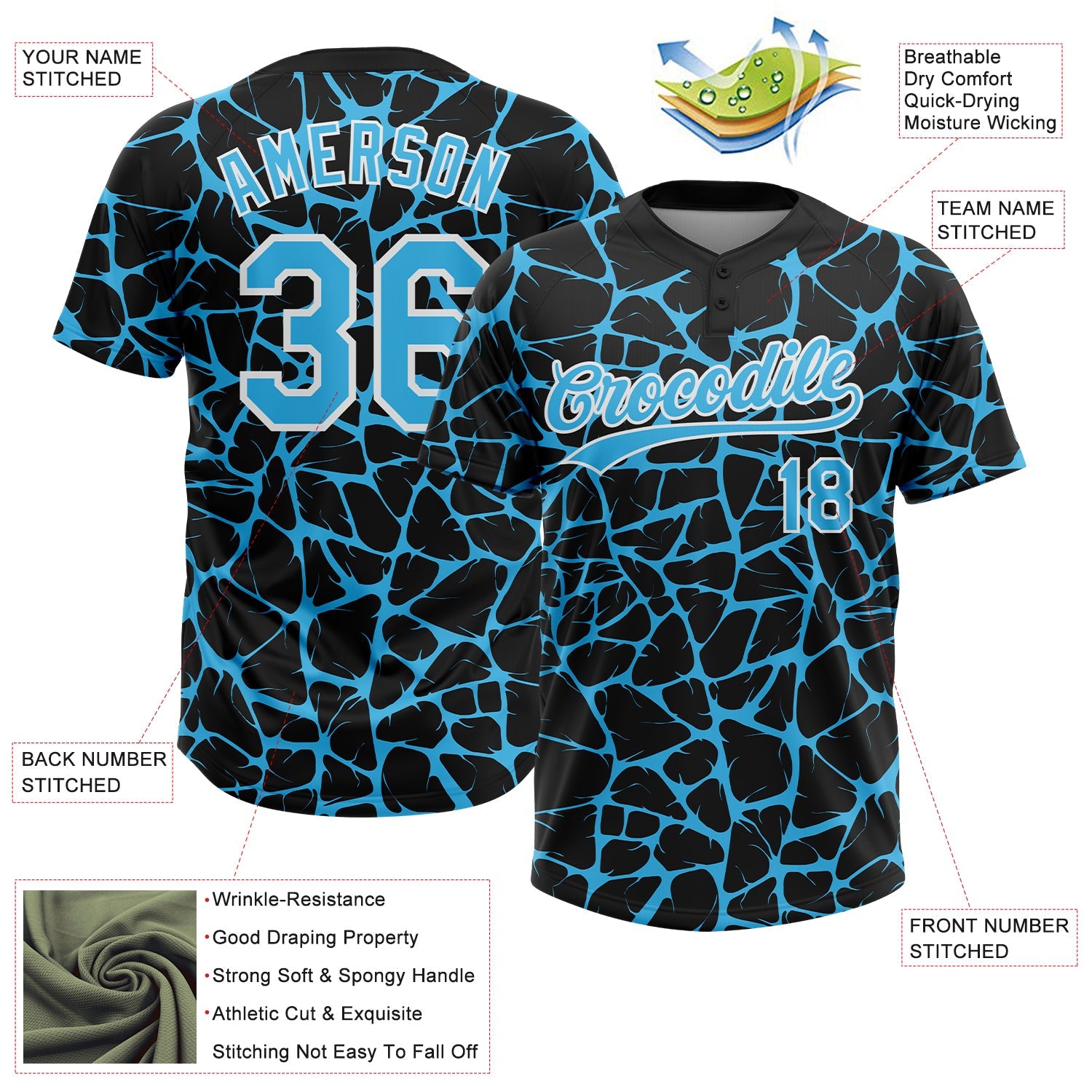 Custom Black Sky Blue-White Abstract Network Crackle Two-Button Unisex Softball Jersey view 3