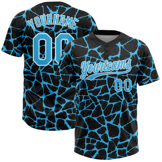 Custom Black Sky Blue-White Abstract Network Crackle Two-Button Unisex Softball Jersey - Main View