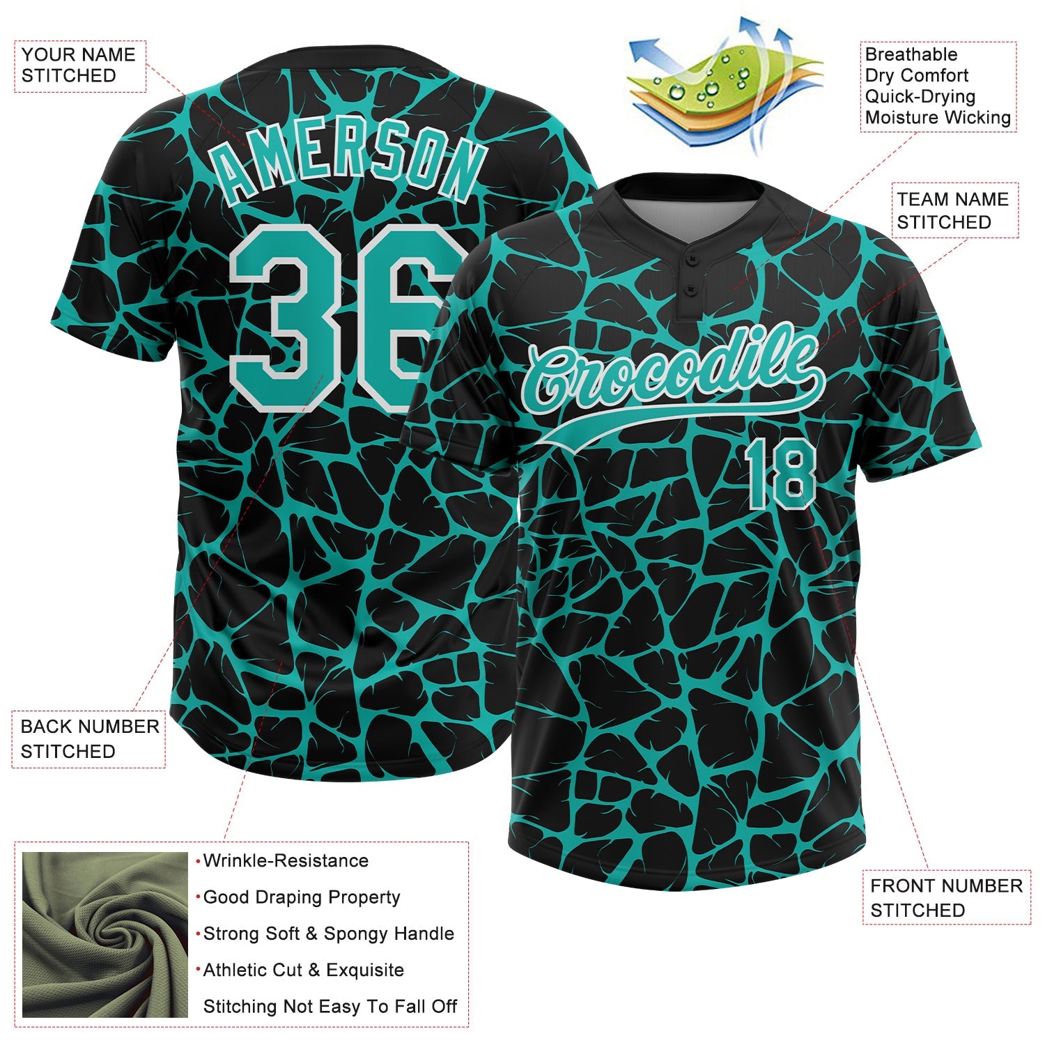Custom Black Aqua-White Abstract Network Crackle Two-Button Unisex Softball Jersey view 3